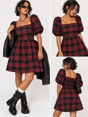 NWT Copper Key Plaid Tartan Puff Sleeve Square Neck Dress Small
